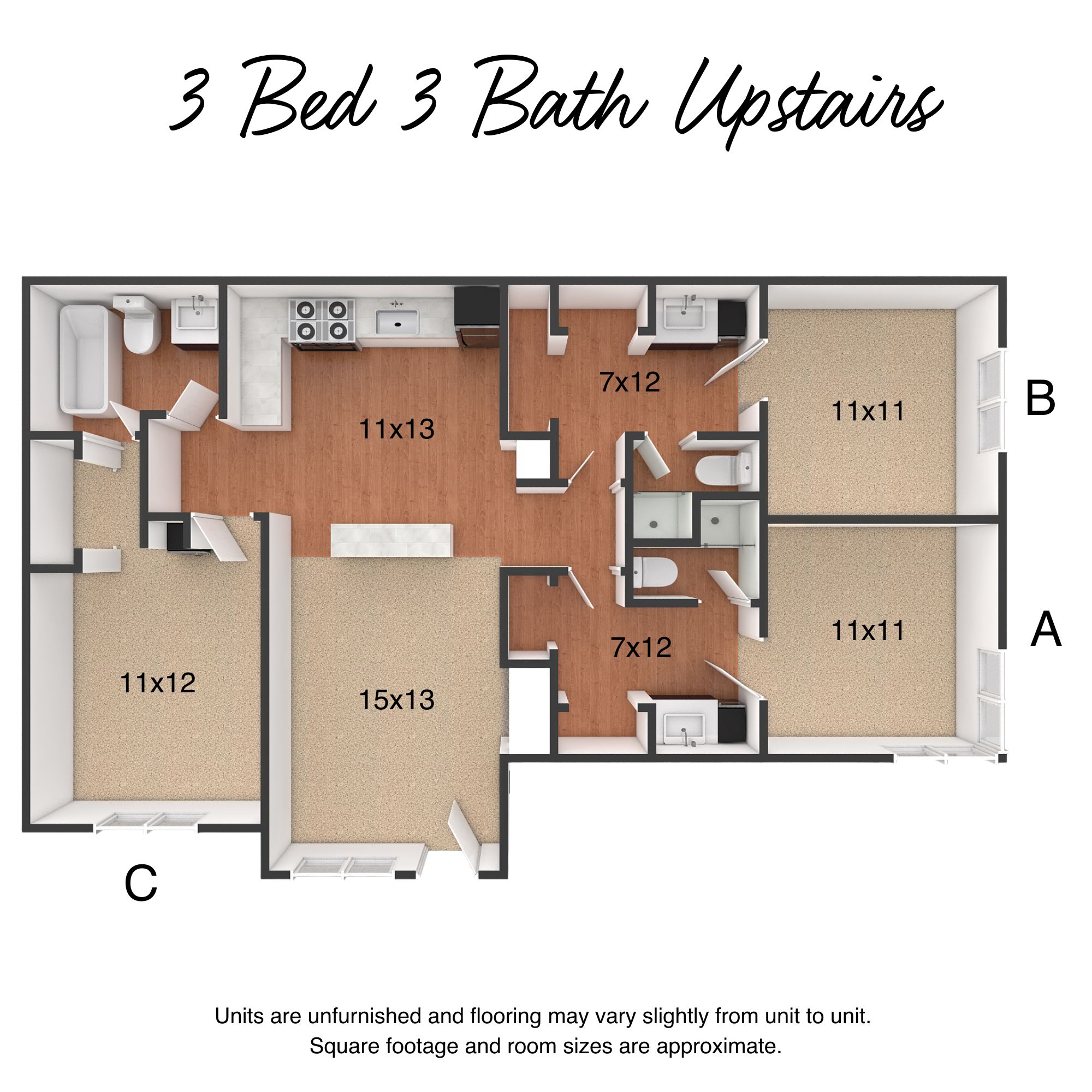 Floor plan for 3 beds, 3 baths, 1312 sqft